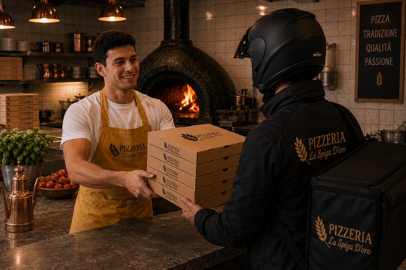 Pizzaiolo della Pizzeria La Spiga d’Oro che consegna le pizze appena preparate al rider per la consegna a domicilio.