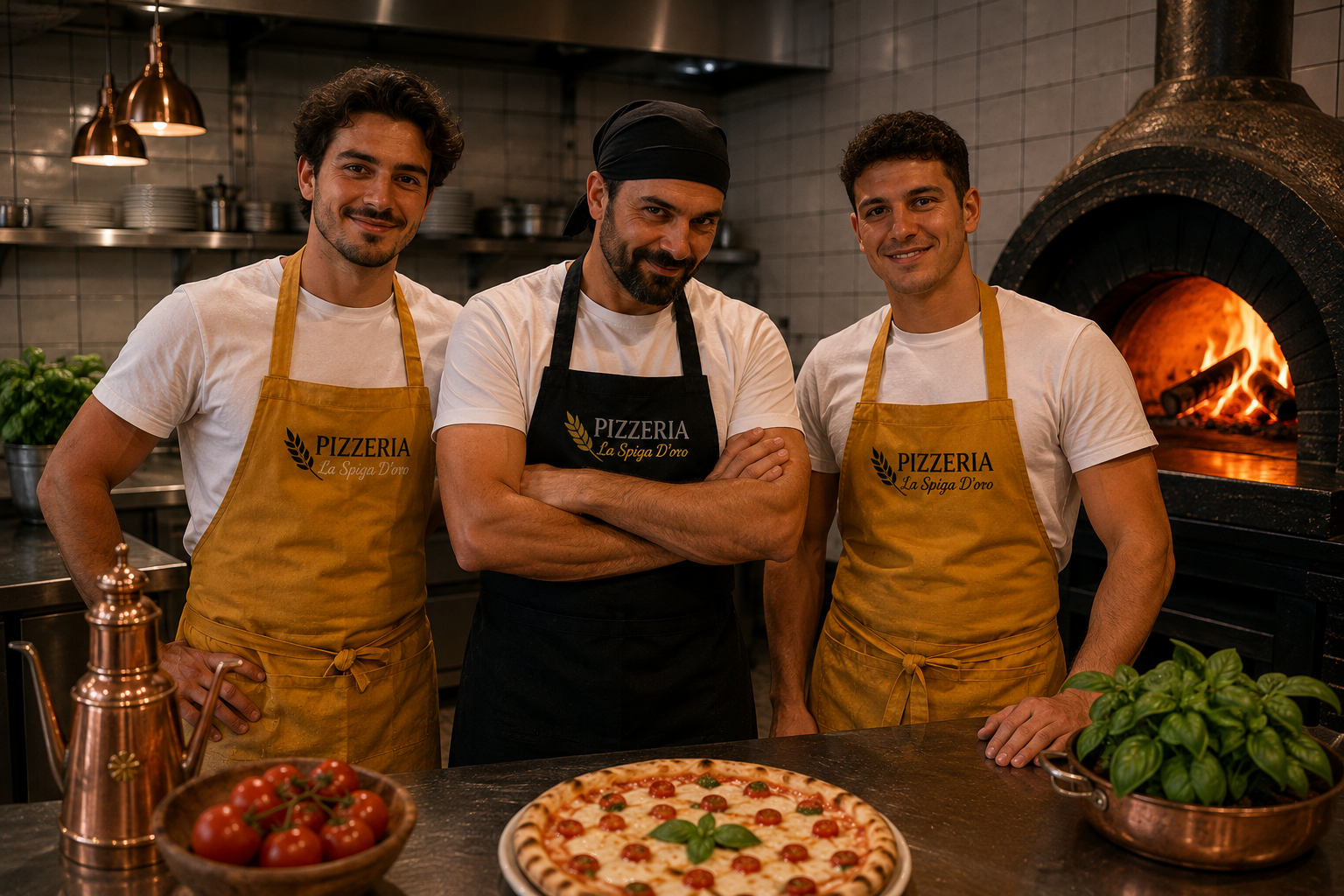 Staff della Pizzeria La Spiga d'Oro al lavoro per preparare pizze e specialità