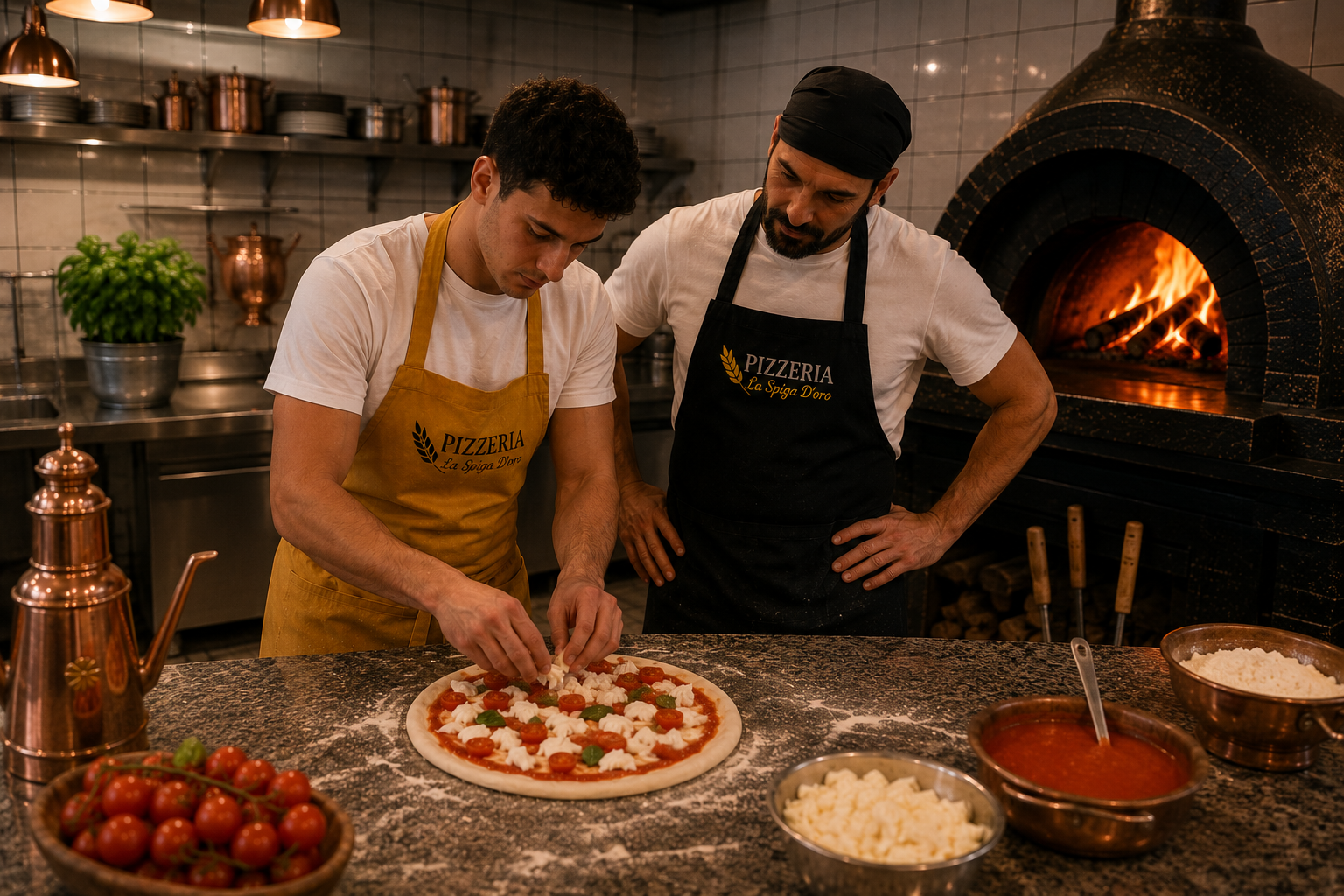 Pizzaiolo principale della Pizzeria La Spiga d’Oro mentre affianca e assiste il suo secondo durante la preparazione delle pizze.